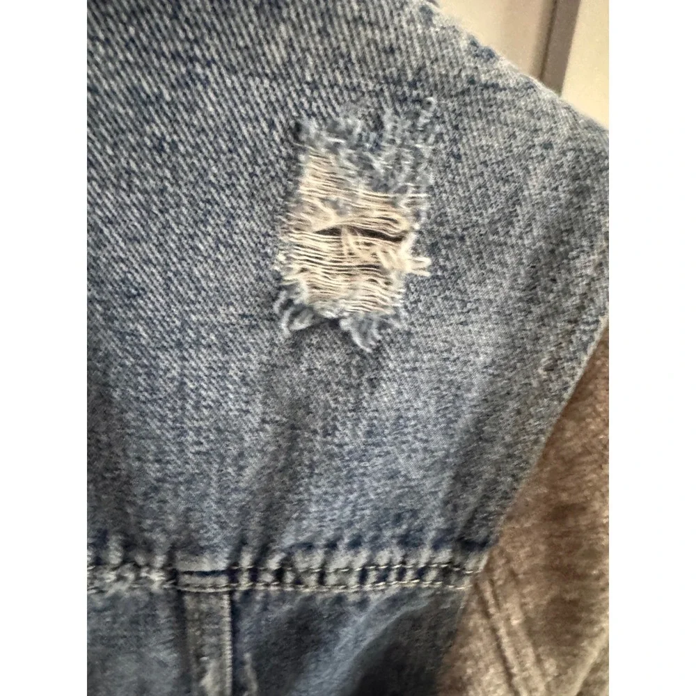 Free People Denim Hooded Jacket Blue Distressed Mixed‎ Media Knit Sleeve Small